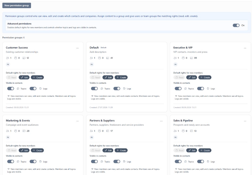 Berechtigungsgruppen in Company Contacts
